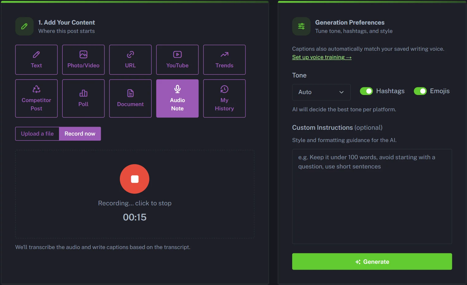Audio Note tile for turning a voice memo into social media posts