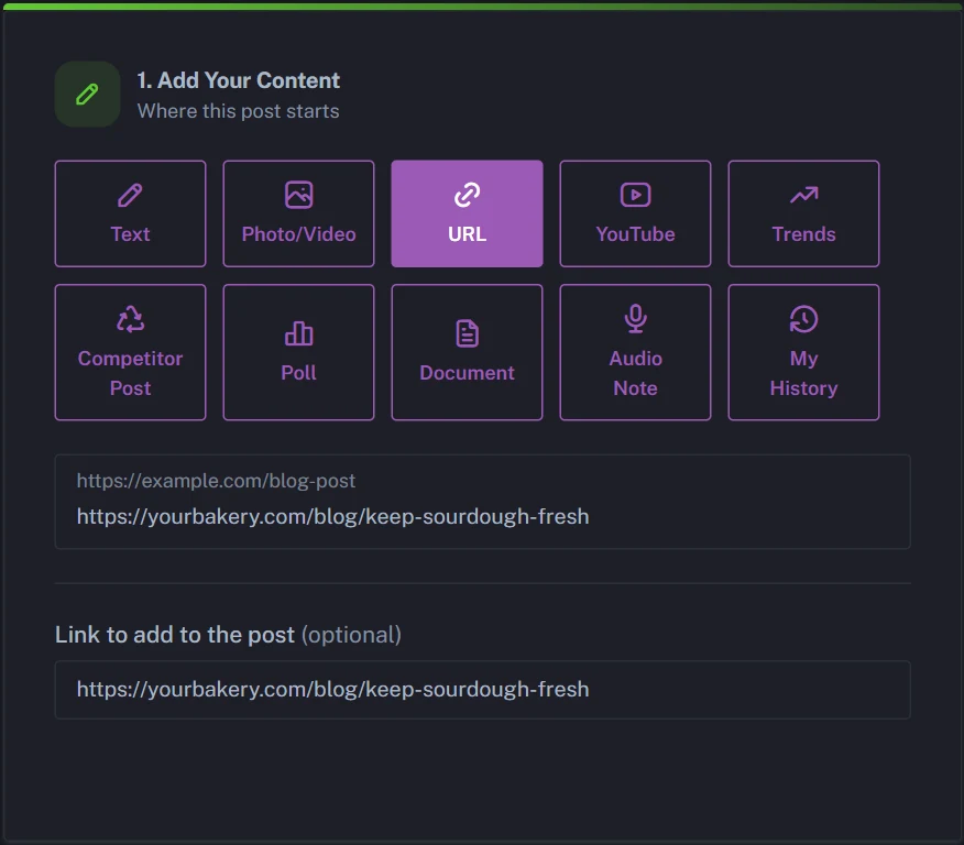 Pasting a blog post URL into PostAnything to turn it into social media posts