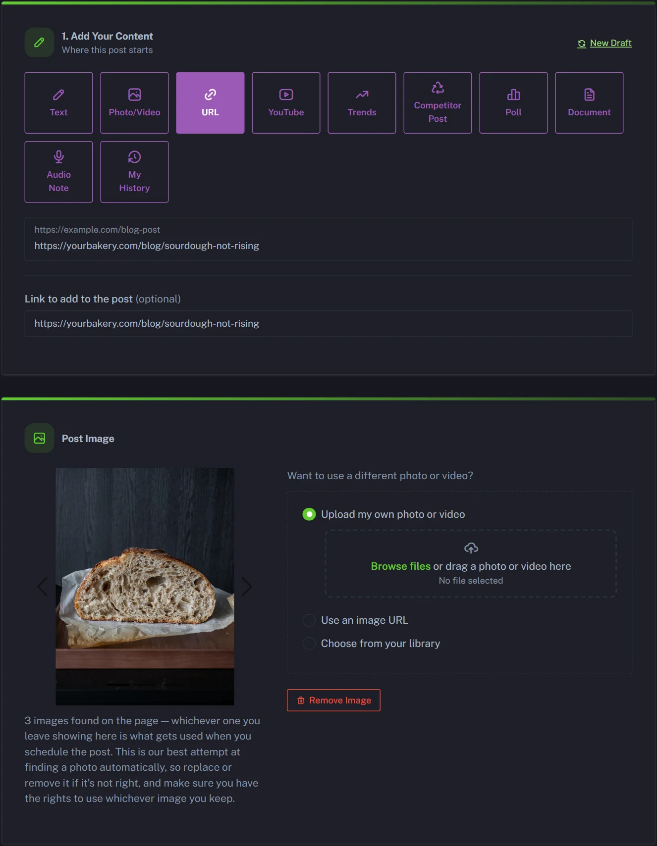 Pasting a blog post link into PostAnything's URL tile, a Buffer alternative that writes captions for you