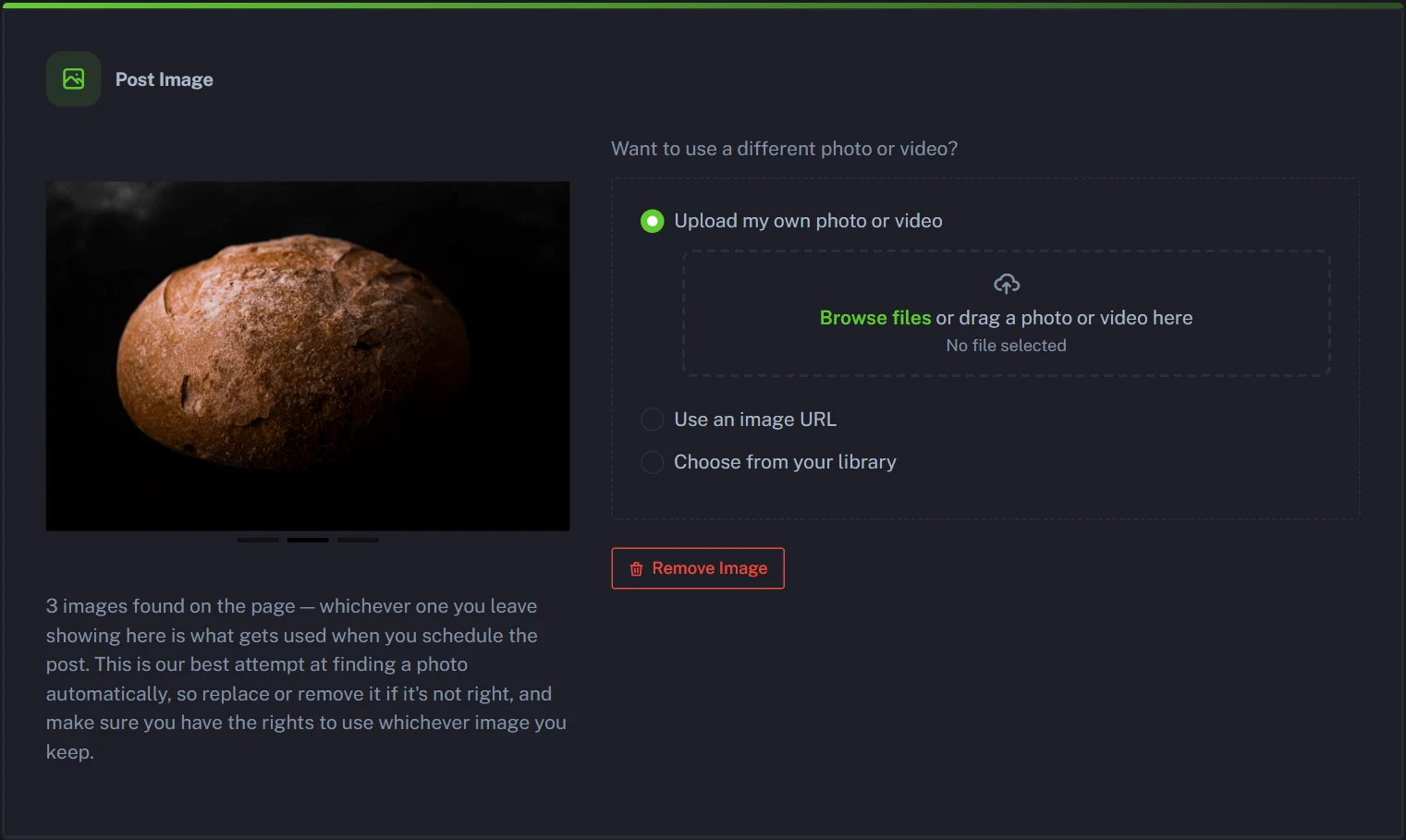 Choosing the blog post's detected image, your own upload or a library image for social media posts