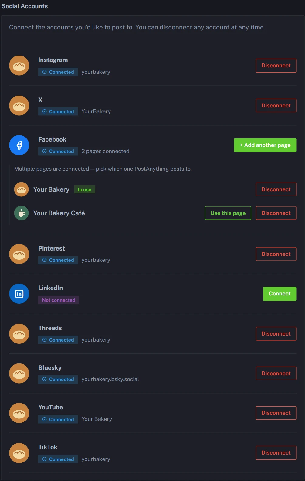 Connecting Facebook, Instagram, LinkedIn and other accounts in PostAnything