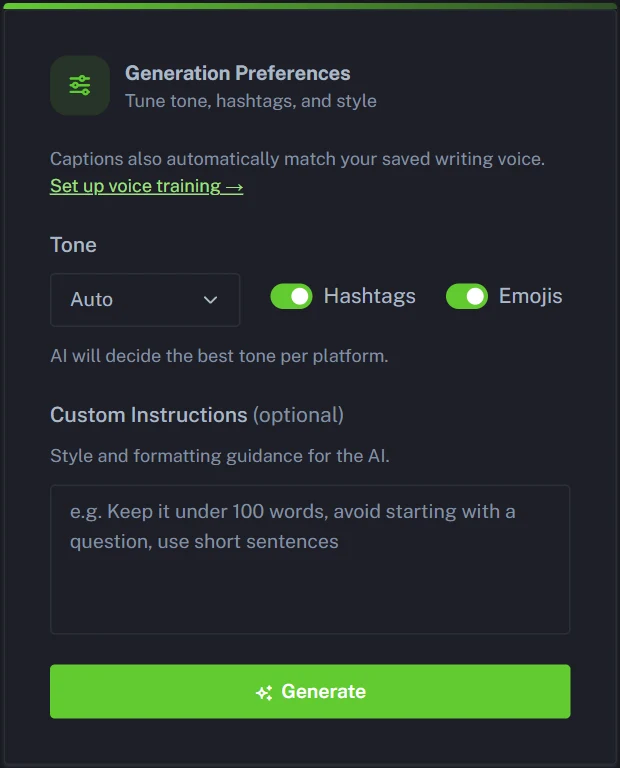 Choosing tone, hashtags and emojis before generating social posts from a blog