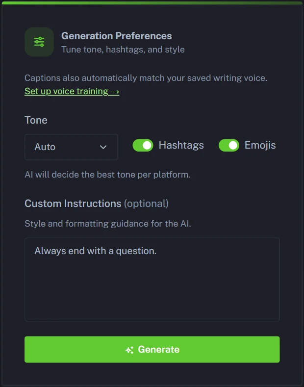 Generation Preferences for turning a PDF into social media captions