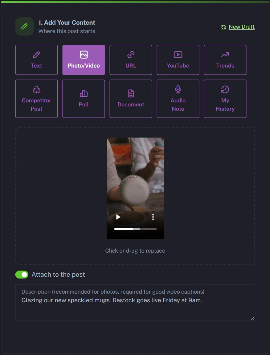Photo/Video tile used to upload a video to multiple platforms at once