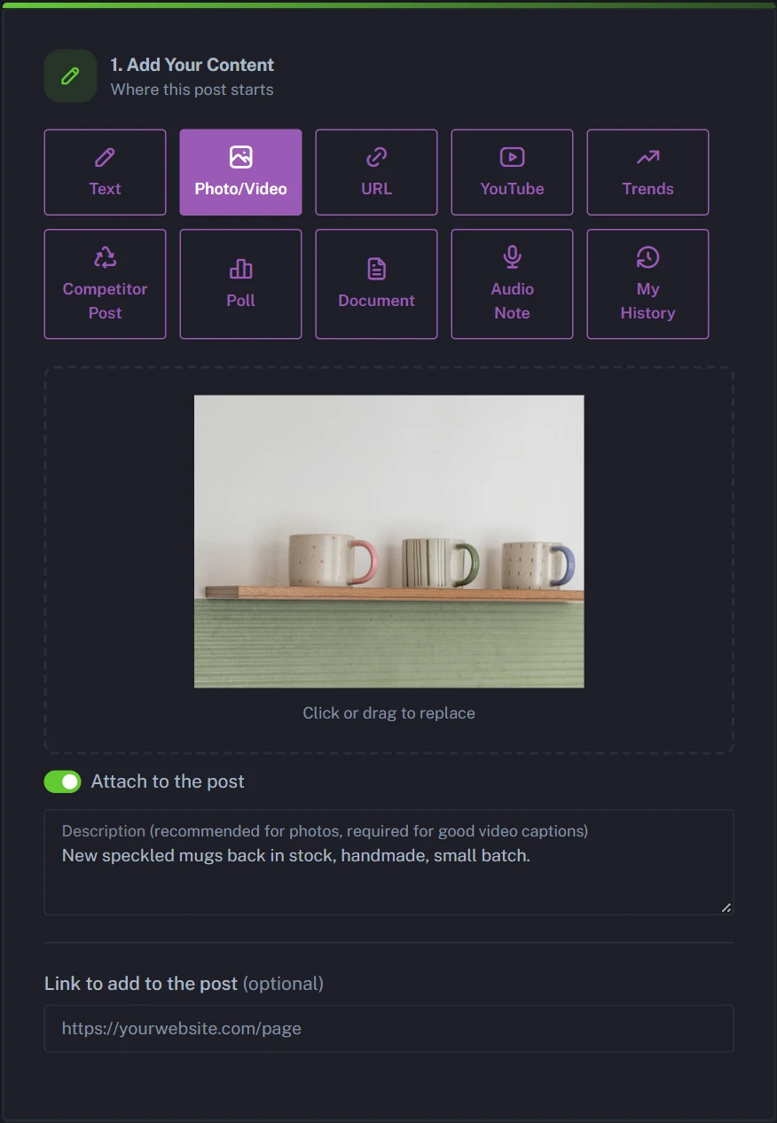 Uploading a product photo to the Photo/Video tile to auto post to Instagram