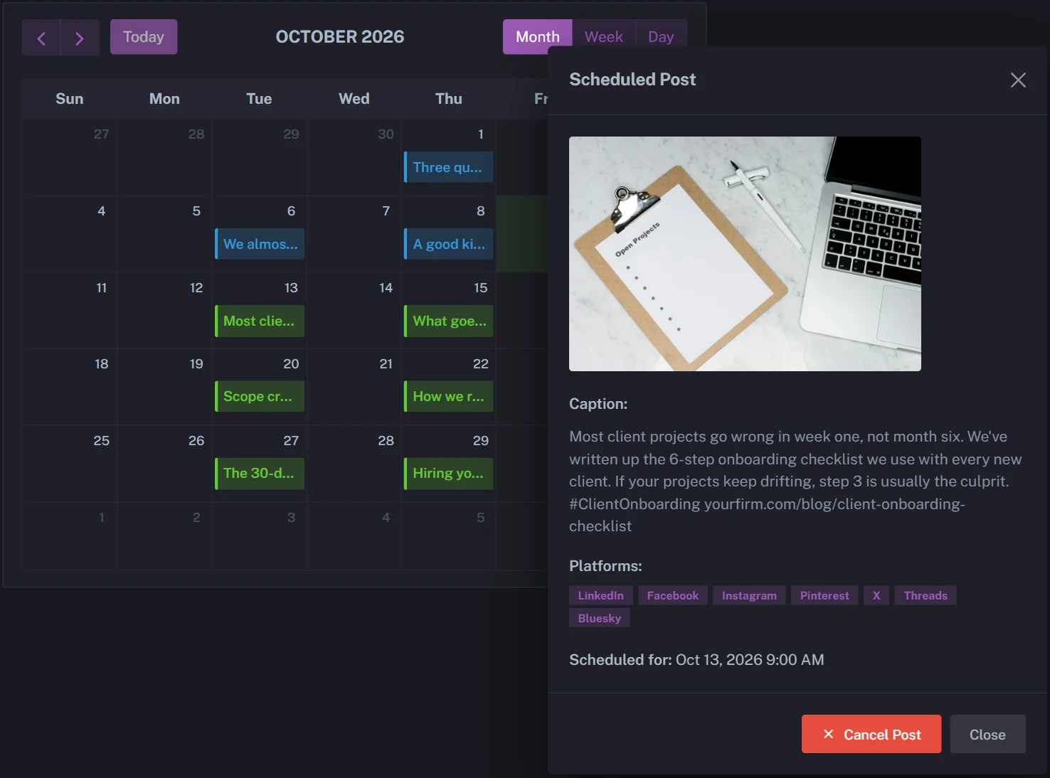 PostAnything calendar showing scheduled LinkedIn posts