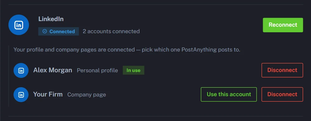 Connect a LinkedIn profile or company page to PostAnything to schedule LinkedIn posts