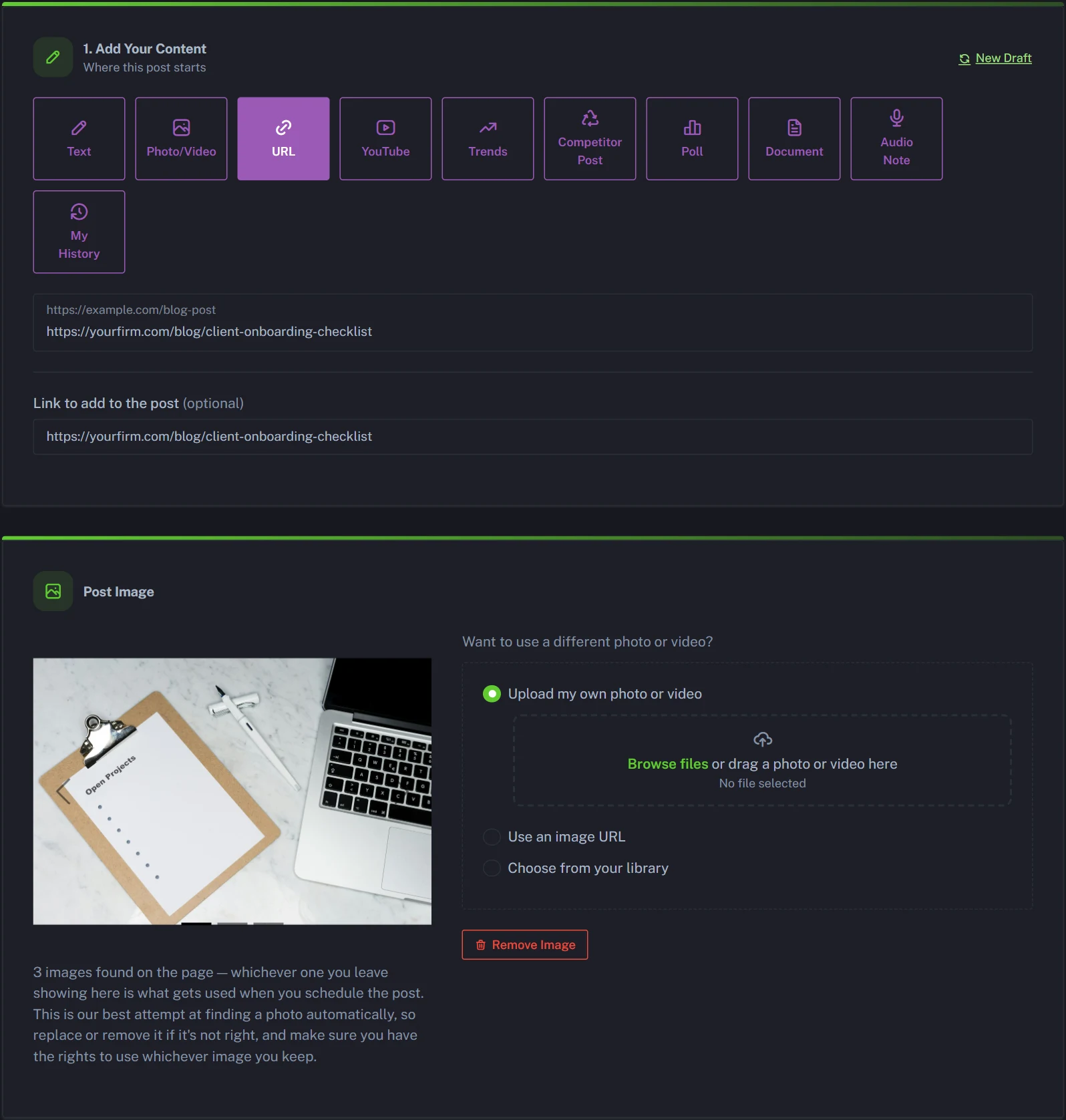 Blog post link in PostAnything's URL tile, ready to schedule a LinkedIn post
