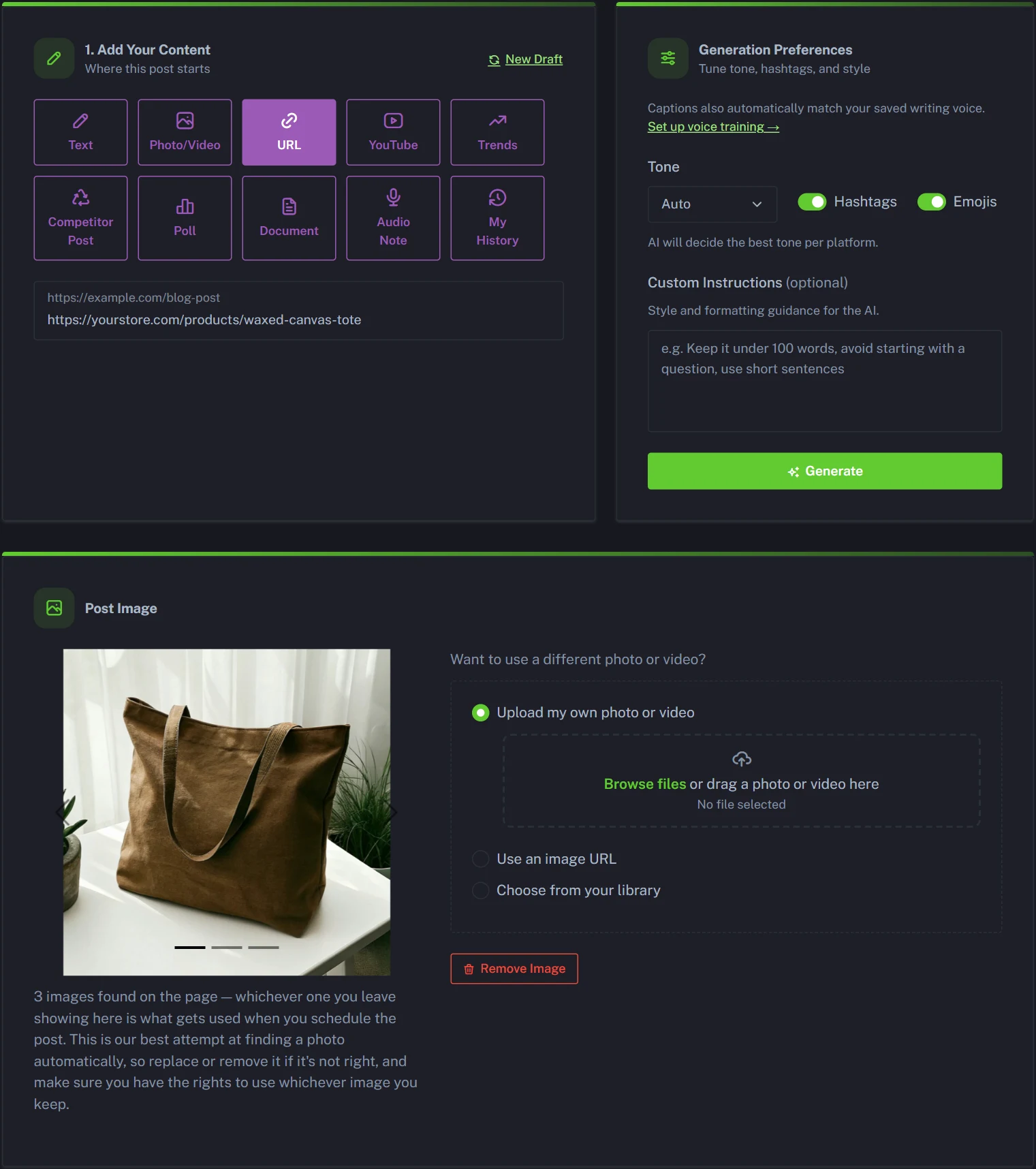 Pasting a product page URL into PostAnything's URL tile