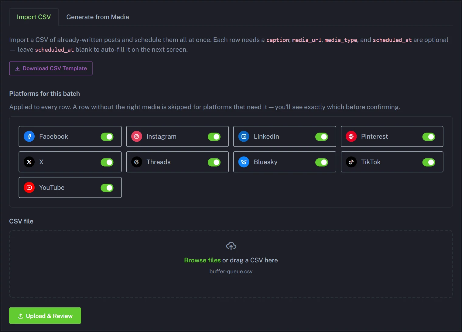 Importing Buffer captions into PostAnything with the Bulk Schedule CSV template