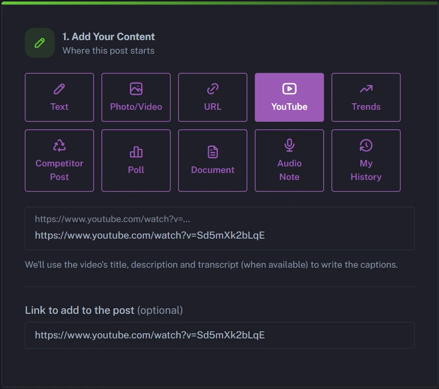 Pasting a YouTube video link into the YouTube tile to create social media posts